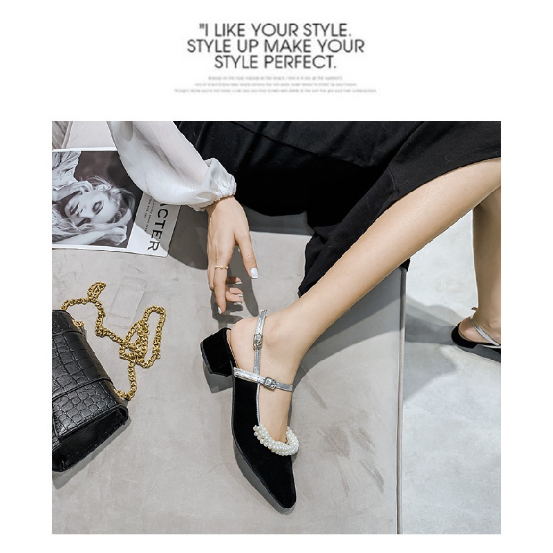 Giày Cao Gót Mũi Nhọn Đính Ngọc Trai Phong Cách Retro Cho Nữ