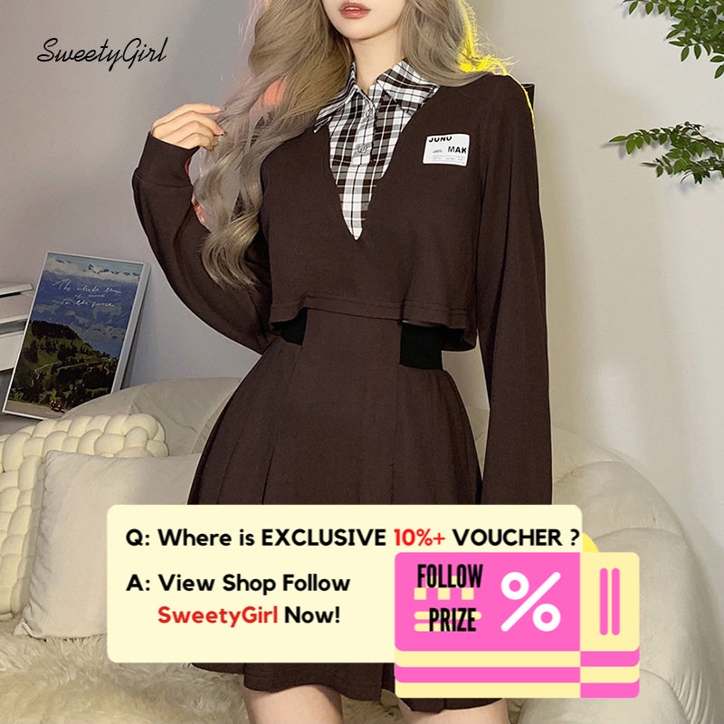 Đầm Mini Tay Dài Cổ Bẻ Họa Tiết Kẻ Sọc Màu Nâu Tương Phản Thời Trang 2022 Cho Nữ