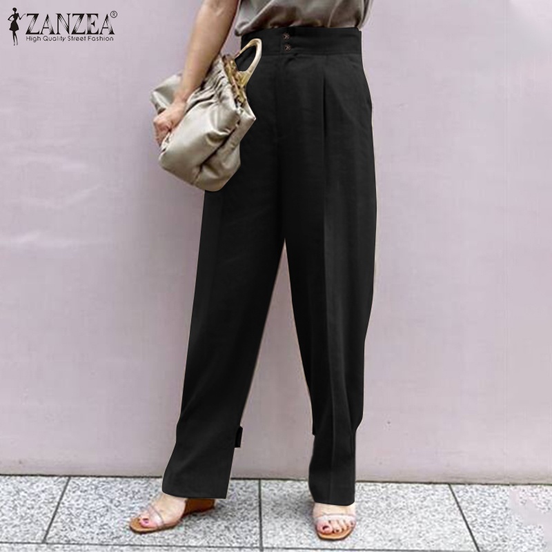 Quần dài ZANZEA ống rộng lưng thun có túi thời trang cho nữ