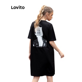 1215XJ-Đầm Lovito in họa tiết kẻ sọc xẻ tà đơn giản L05161 (Đen)