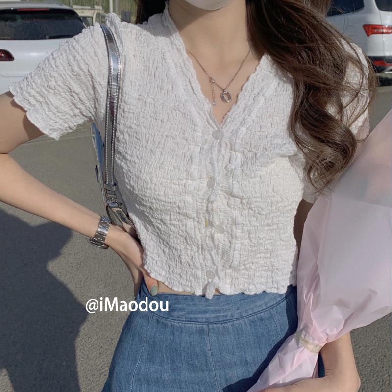 IMAODOU V-Neck White Short Short-Sleeved Top Korean Cardigan T-Shirt 2022 New Solid Color Top Women