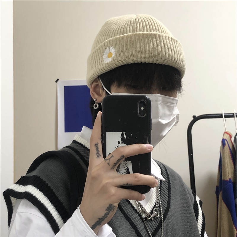 HIPSTER Mũ Len Dày Thêu Hoa Cúc Phong Cách Retro