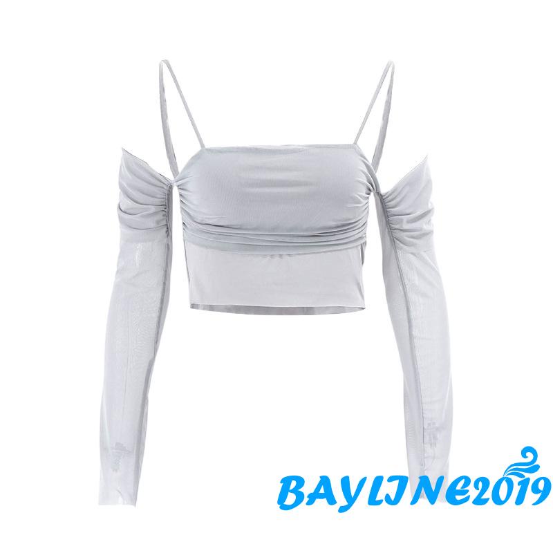 Áo Croptop Trễ Vai Tay Dài Màu Trơn Phối Lưới Thời Trang Cho Nữ