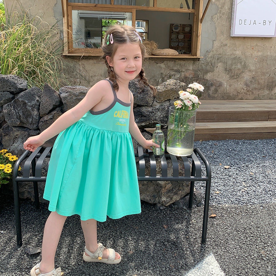 Đầm Công Chúa Hai Dây Màu Trơn Thời Trang Mùa Hè Hàn Quốc Mới Cho Bé Gái