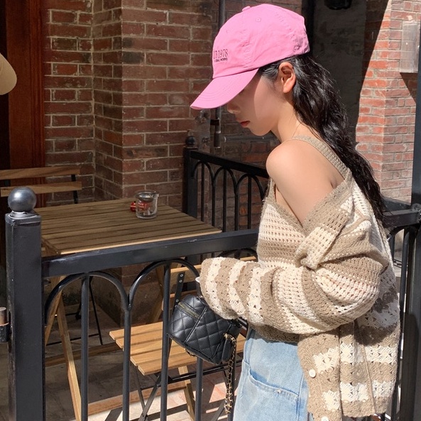 【ZHELIHANGFEI】Áo Cardigan Dệt Kim Lưng Cao Họa Tiết Kẻ Sọc Phong Cách Quyến Rũ