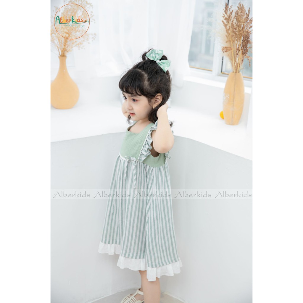 Váy cho bé gái ALBER KIDS Kẻ Sọc Trắng Xanh Green Dress cho bé gái Từ 2-10 tuổi [V13]