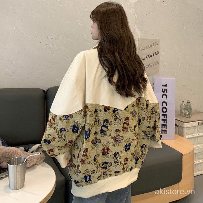 M-2XL Bigsize 95kg Áo khoác bóng chày nữ form rộng thời trang unisex hàn quốc áo bomber nữ bigsize họa tiết gấu phong cách đi chơi đi học 2AB8