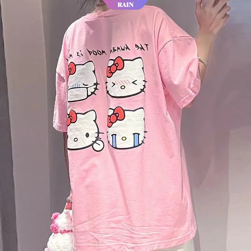 SANRIO Áo Thun Ngắn Tay Form Rộng In Họa Tiết Mèo Hello Kitty Cosplay Nhật Bản Dành Cho Nữ
