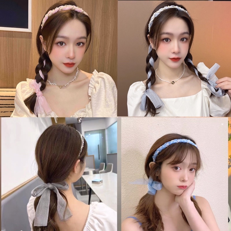 Băng Đô Cài Tóc Min Hàn Quốc Voan Ngoc Trai Style Tiểu Thư Ngọt Ngào