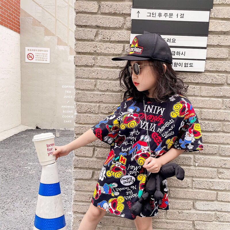 Đầm thun tay ngắn dáng rộng in hoạt hình kiểu Hàn Quốc dễ thương cho bé gái