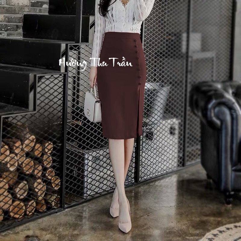chân váy bút chì xẻ trước phối cúc trẻ trước che gối trẻ trung, thời trang công sở