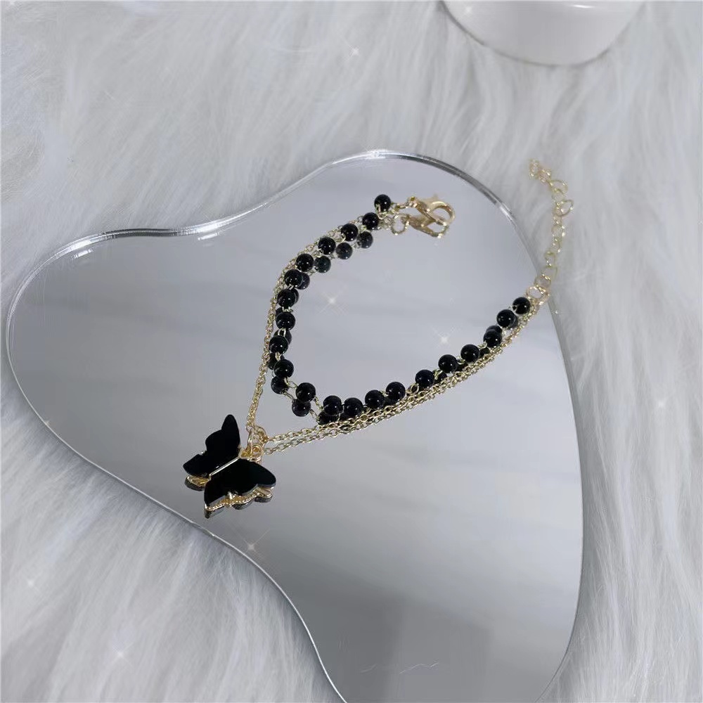 iF YOU Vòng Cổ Choker Màu Đen Mặt Hình Bướm Đính Ngọc Trai Phong Cách Cổ Điển Thời Trang Cho Nữ
