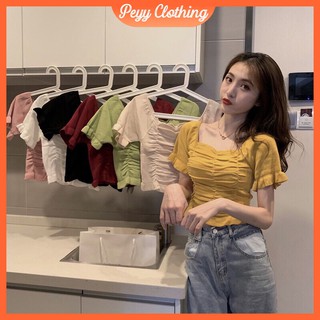 Áo len tăm cổ vuông ngắn tay nhún ngực ulzzang A00 - Peyy Clothing