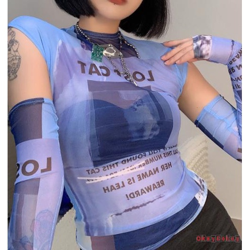 Odokey-y2k Áo Crop Top Lưới Mỏng In Chữ Đồ Họa Gợi Cảm Có Tay Áo Tập Hợp Đi Mua Sắm Du Lịch Cho Bạn Bè