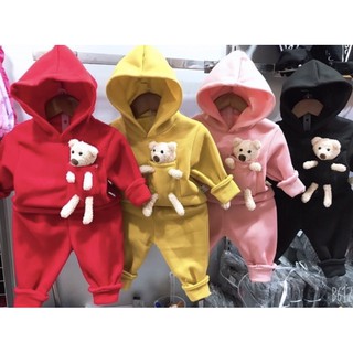 Bộ nỉ bôn có mũ kèm gấu cho bé trai bé gái