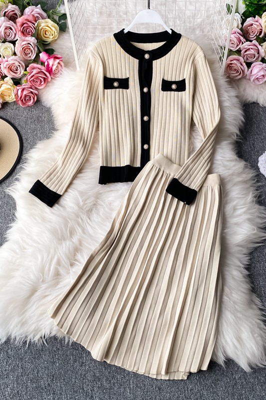 Set váy áo len thanh lịch chân váy xếp ly và áo khoác len cardigan áo chui đầu Đ254