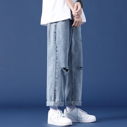Quần jean nam baggy rách gối gấu màu xanh đen chất bò cao cấp cực đẹp jean trơn from dáng suông rộng