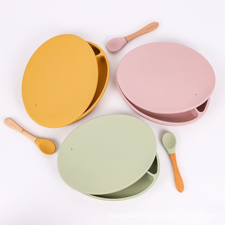 Khay ăn dặm silicone hình oval kèm nắp cho bé ăn dặm, đế hít chân không chống đổ chống lật