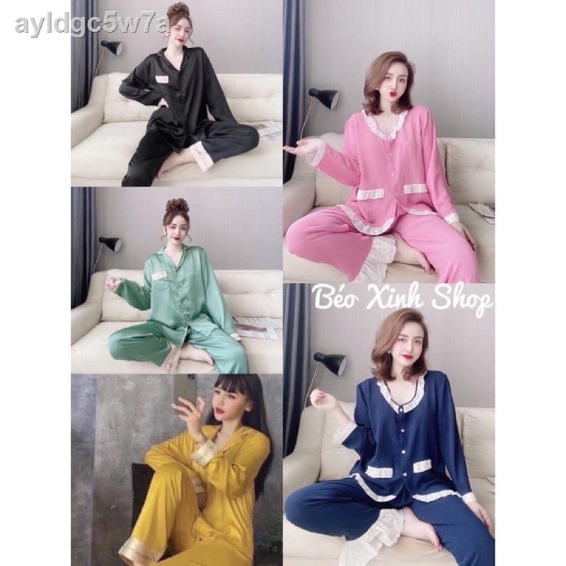 ✟◆ஐTay dài viền chữ Đồ Ngủ Cao Cấp Bigsize Kiểu Dáng Đẹp Vải Satin Lạnh Mặc Cực Thích