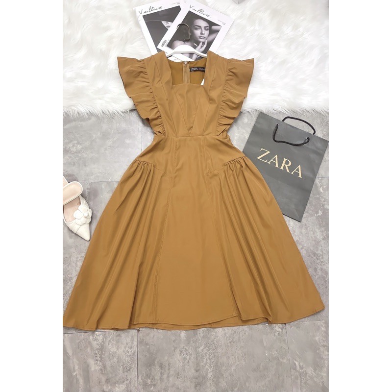 [Mã SKAMA06 giảm 8% tối đa 50K đơn 250K] VNU324 - VÁY NÂU XOÈ CỔ VUÔNG TAY CÁNH TIÊN | BigBuy360 - bigbuy360.vn