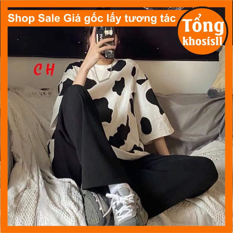 đồ bò sữa gồm áo thun loang bò sữa chất cotton tay lỡ + túi tote + túi đeo chéo