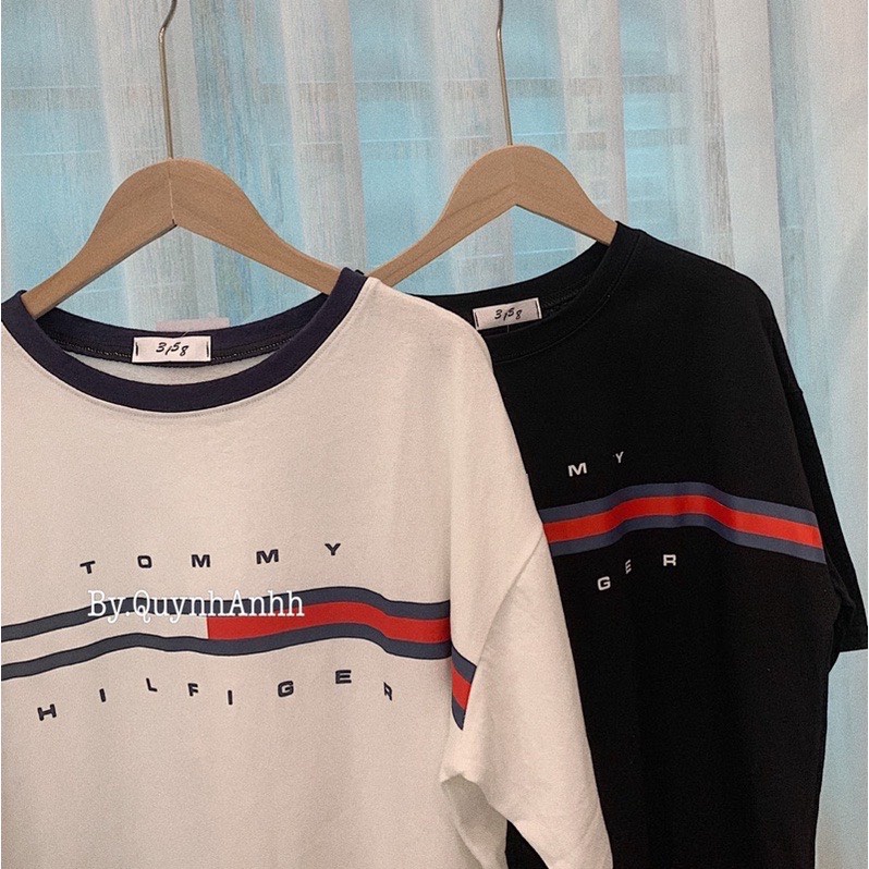 Áo phông xanh phối vải màu đỏ trắng, áo thun tay lỡ form unisex