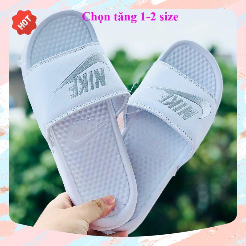 Dép unisex 𝐍𝐈𝐊𝐄 ❤️FREESHIP + Hộp❤️dép nk quai ngang thể thao nam nữ mk in nike trắng bạc, tem tag mac đây đủ,