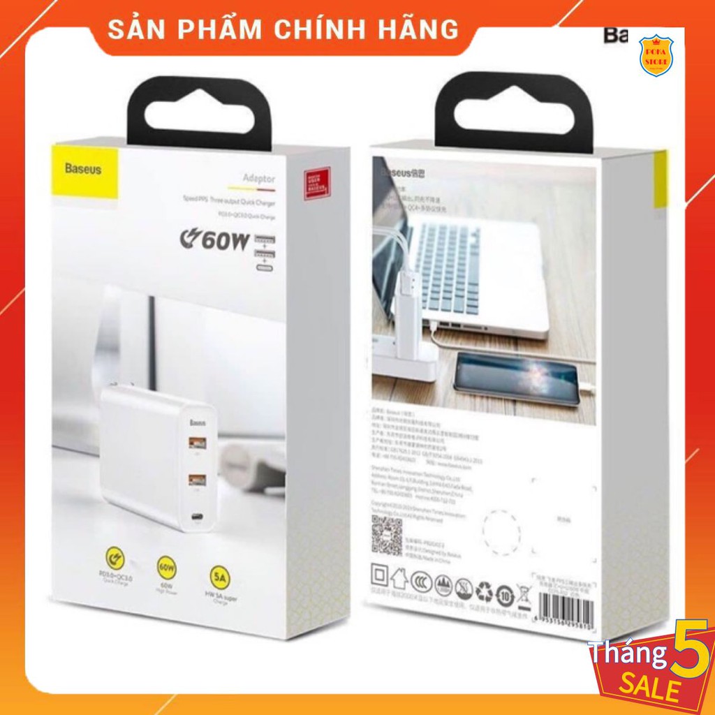 Củ sạc siêu nhanh Baseus công xuất 60W Sạc Nhanh Quick Charge 4.0  3.0  2 cổng USB Đa Năng Sạc Cho iPhone Xiaomi Samsung