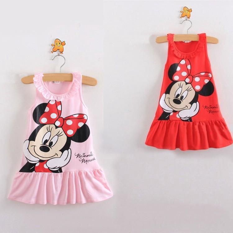 Đầm xòe cộc tay in hình chuột Mickey cho bé gái