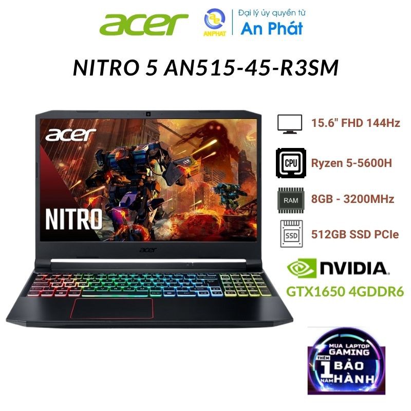 Laptop Acer Nitro 5 AN515-45-R3SM AMD Ryzen 5-5600H | 8GB | 512GB | GTX 1650 4GB | 15.6 inch FHD | Win 10 - Chính hãng