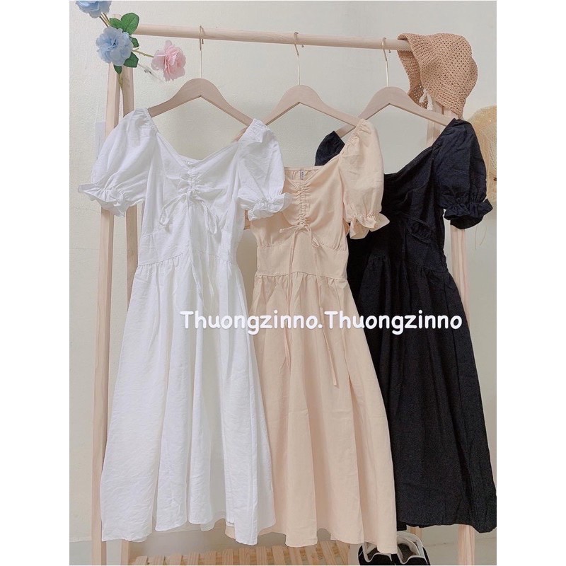 [Ảnh thật/Video]Váy thiết kế tay bồng rút ngực Đầm rút ngực bo eo Hàng Quảng Châu