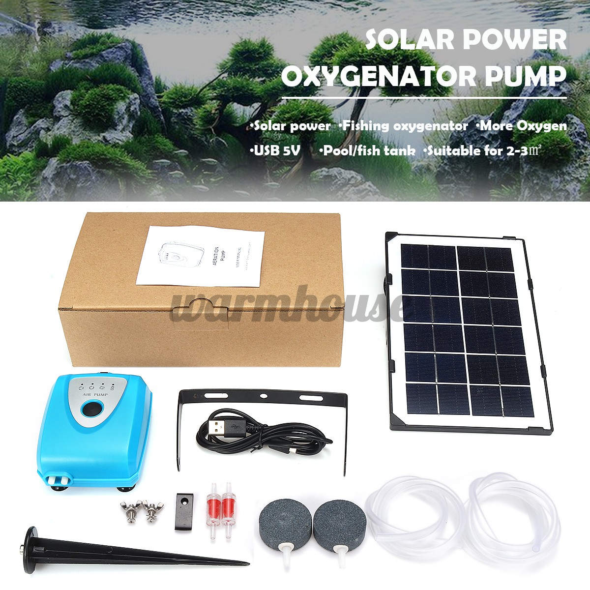 Máy Bơm Oxy Cho Bể Cá Sử Dụng Năng Lượng Mặt Trời 6v 3.5w Kèm 2 Đá Xanh Dương / Đen