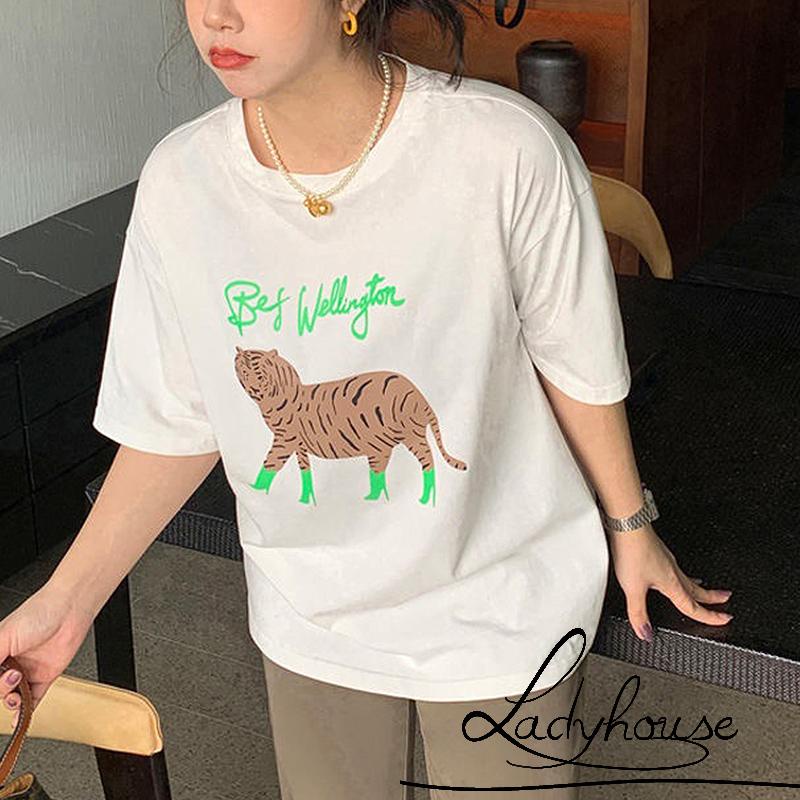Áo Thun Tay Ngắn Cổ Tròn In Họa Tiết Hổ Và Chữ Thời Trang Cho Nữ