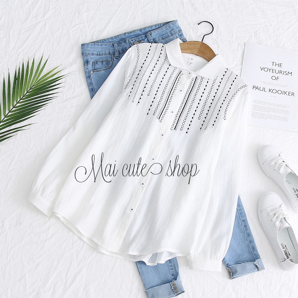 Áo SƠ MI TRẮNG  vải xô thêu hoa văn Nữ  maicuteshop