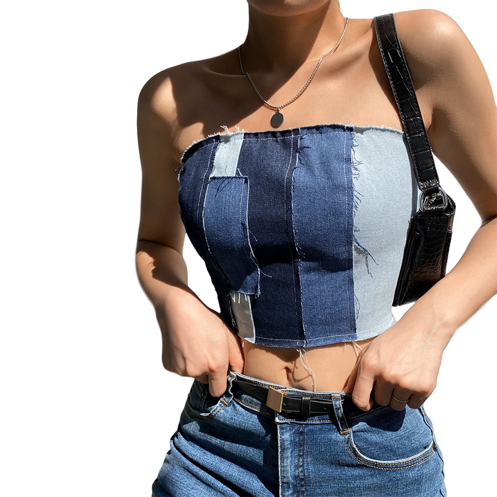 Áo croptop denim thiết kế dây đan chéo lưng thời trang dành cho nữ