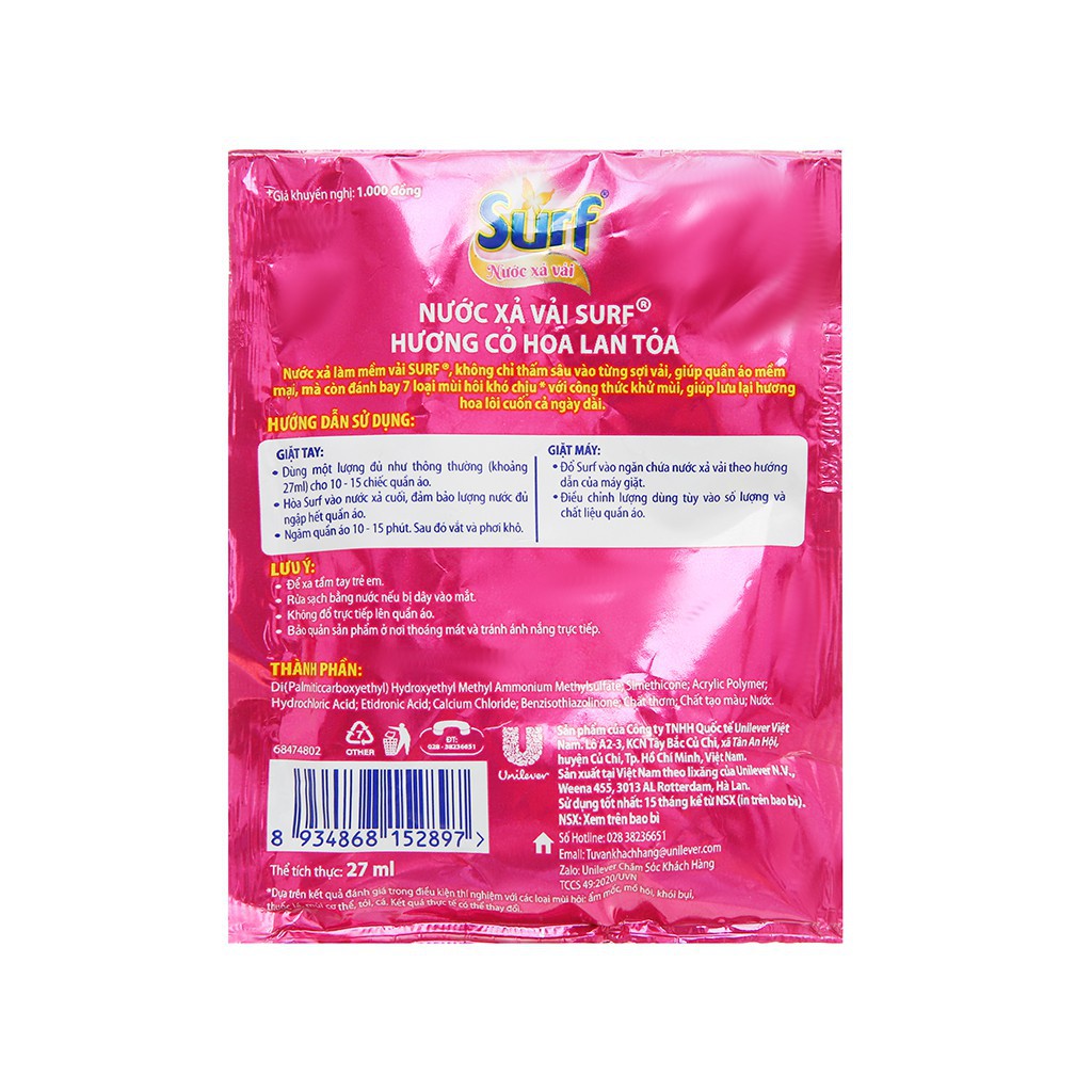 Nước xả vải Surf dây 10 gói 27ml - yenthu