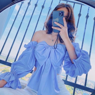 Áo kiểu kate lụa bẹt vai nơ ngực