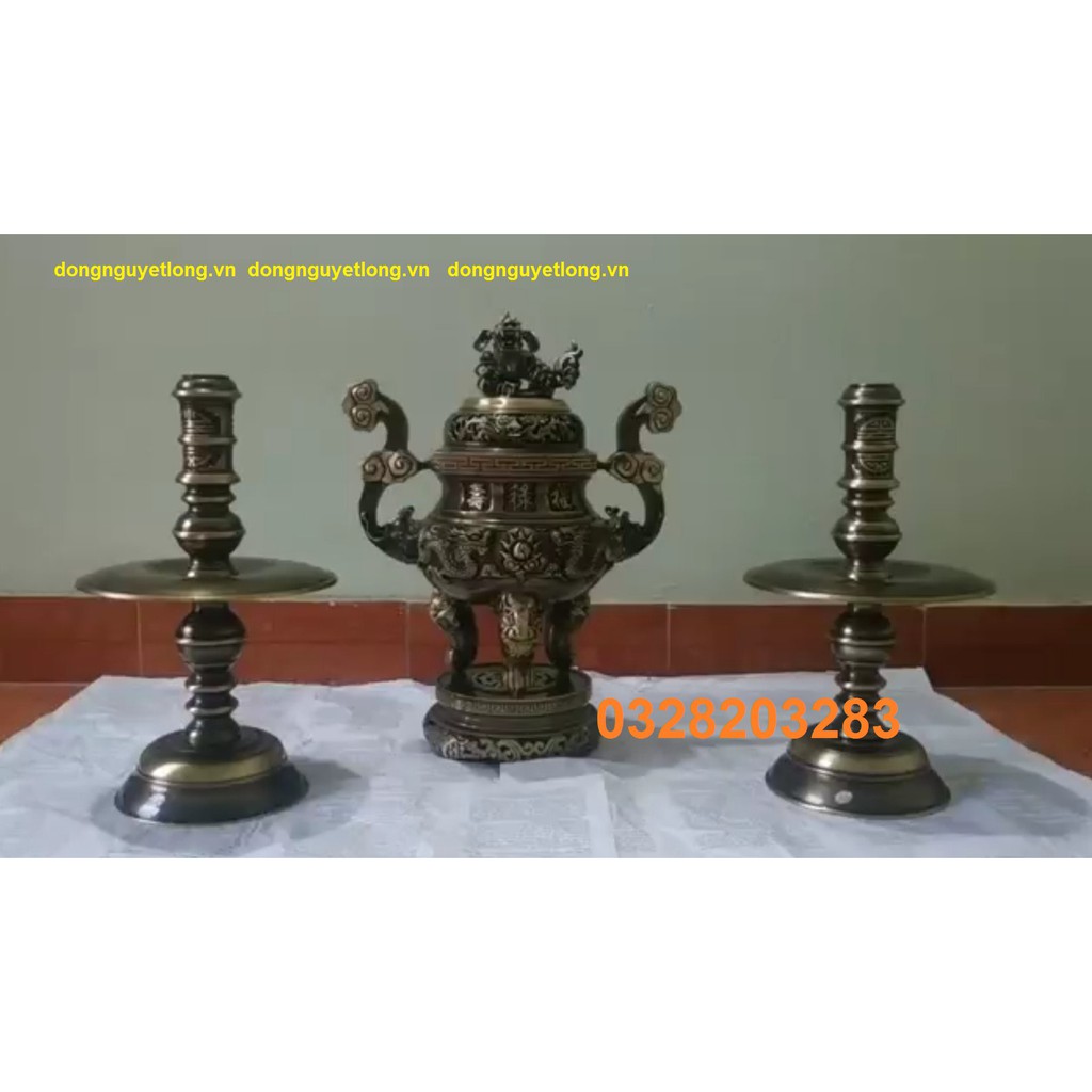 BỘ TAM SỰ RỒNG NỔI NẾN HOA CHỮ THỌ TRƠN 65 ĐỒ THỜ BẰNG ĐỒNG ĐỒ THỜ CÚNG GIA TIÊN SONG LONG CHẦU NGUYỆT