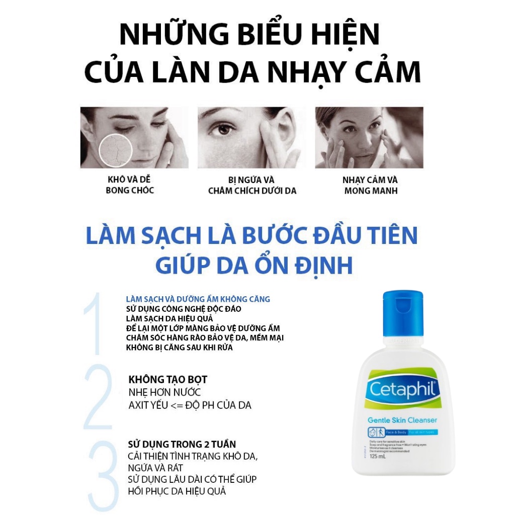 Sữa rửa mặt CETAPHIL  GENTLE SKIN CLEANSER dành cho da mụn nhạy cảm da khô 125ml 500ml