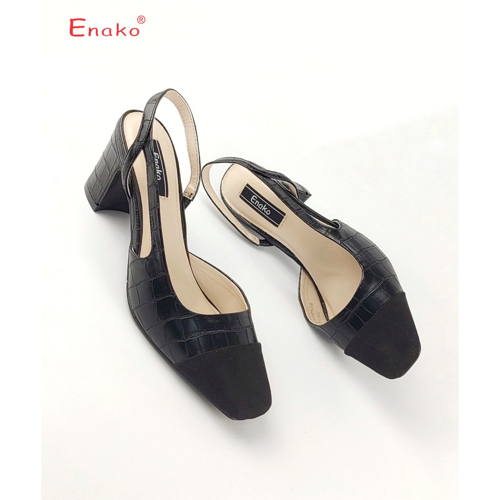 Giày sandal nữ đẹp mũi vuông phối nỉ gót 5cm dáng slingback Enako TP13452