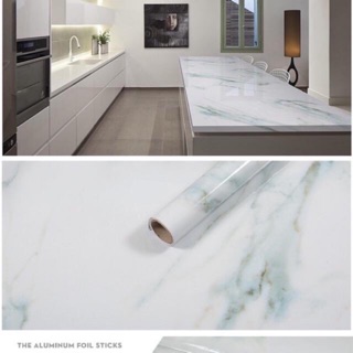 5m Decal tráng nhôm giả đá trắng vân xanh ,khổ rộng 60cm ( sẵn keo dán)