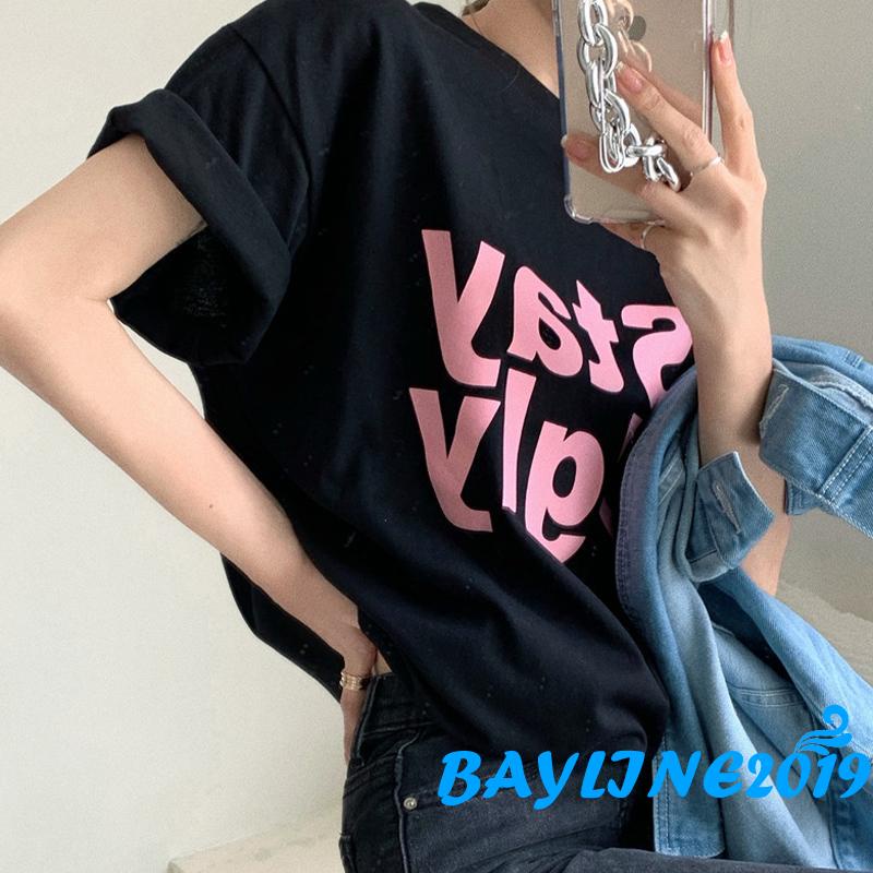 BAY-Women Short Sleeve T-shirts Letter Print Summer Loose Casual Pullover Tops Blouse Streetwear