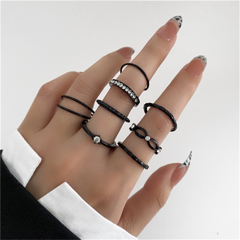 Set nhẫn 17KM màu đen thời trang đính ngọc trai/ pha lê/ bướm/ đan lưới/ lượn sóng cá tính cho nữ