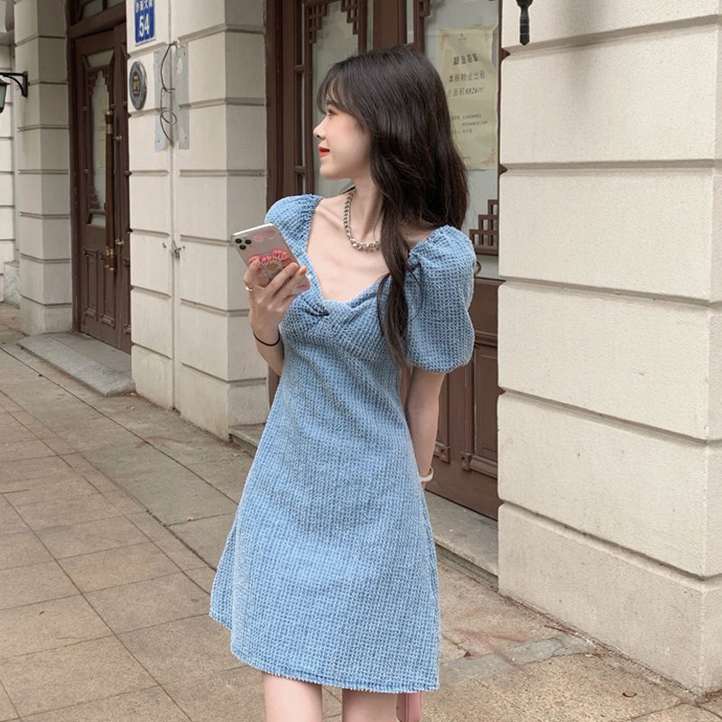 Đầm denim tay phồng cổ chữ v thời trang xinh xắn cho nữ