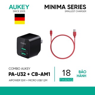 Combo AUKEY Cốc Sạc AiPower PA-U32 2 Cổng 12W + Cáp Micro USB CB-AM1 Siêu Bền 1.2m