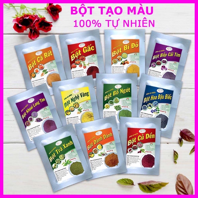 Bột tạo màu thiên nhiên 100% (gấc/dành dành/lá nếp/lá cẩm/khoai lang tím/củ dền/gạo men đỏ/bí ngô/than tre/trà xanh)