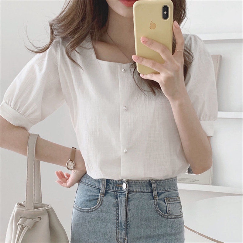 Áo sơ mi RENJIANVSHENG 168521 tay ngắn vải lanh cotton màu trơn cổ vuông dáng rộng đơn giản hợp thời trang