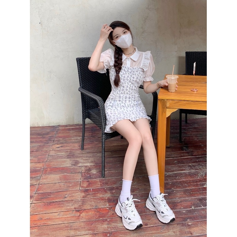 Set Váy Hoa Nhi Rút Dây Eo Mix Áo Sơ Mi Trắng
