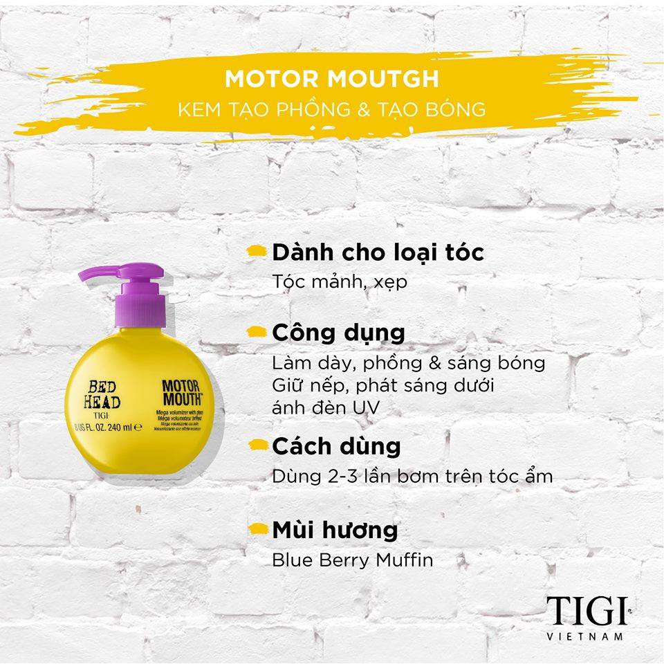 [ TIGI ]KEM NHẸ TẠO PHỒNG CỰC ĐẠI & TẠO BÓNG TIGI BED HEAD MOTOR MOUTH 240ML