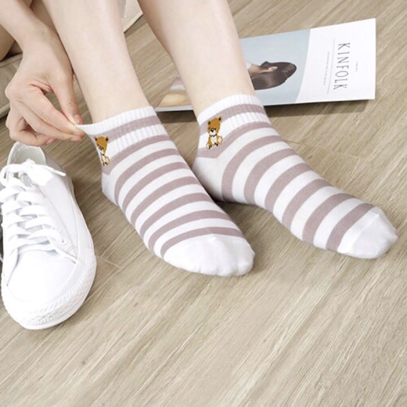 Tất Vớ Nữ Cổ Ngắn Kẻ Sọc Dễ Thương Set 5 Đôi Cotton Mềm, Mịn Thoáng Chân T03